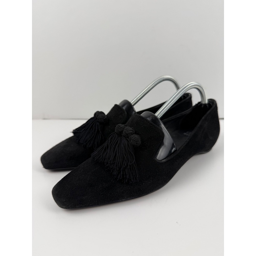 Stuart Weitzman Black Suede Fringe Tassel Loafers Square Toe Flats 7.5